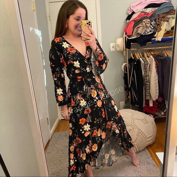 FARM Rio Brazil Black Floral Wrap Front Long Sleeve Maxi Dress Tropical XS - Picture 14 of 16